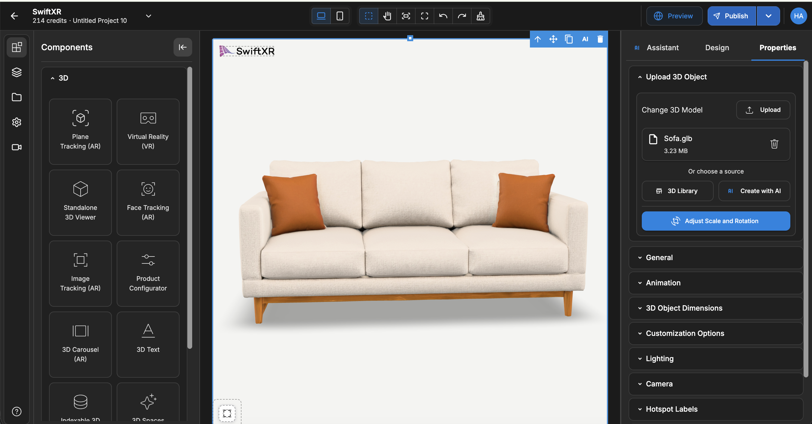 SwiftXR editor showing a sofa experience
